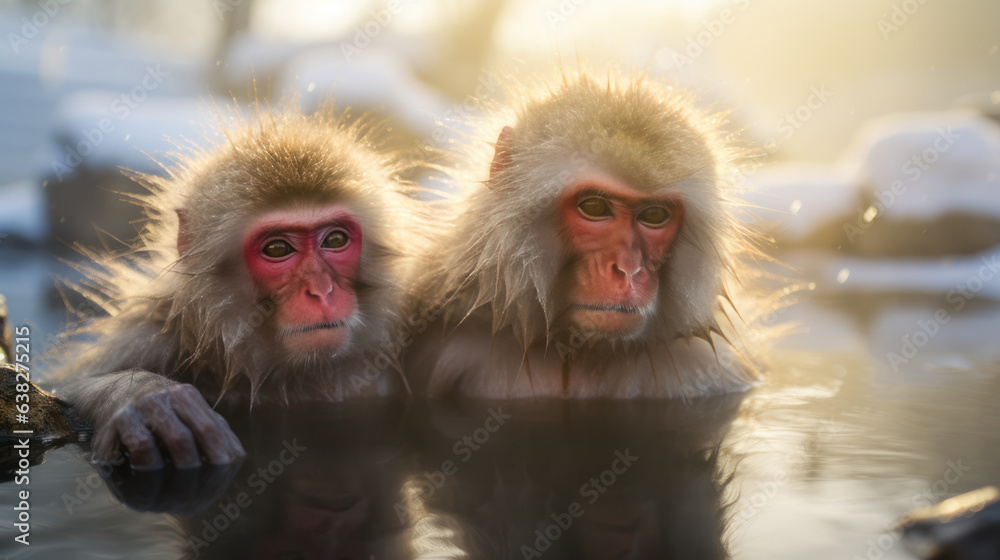 Fototapeta premium The monkey in the onsen with snowy