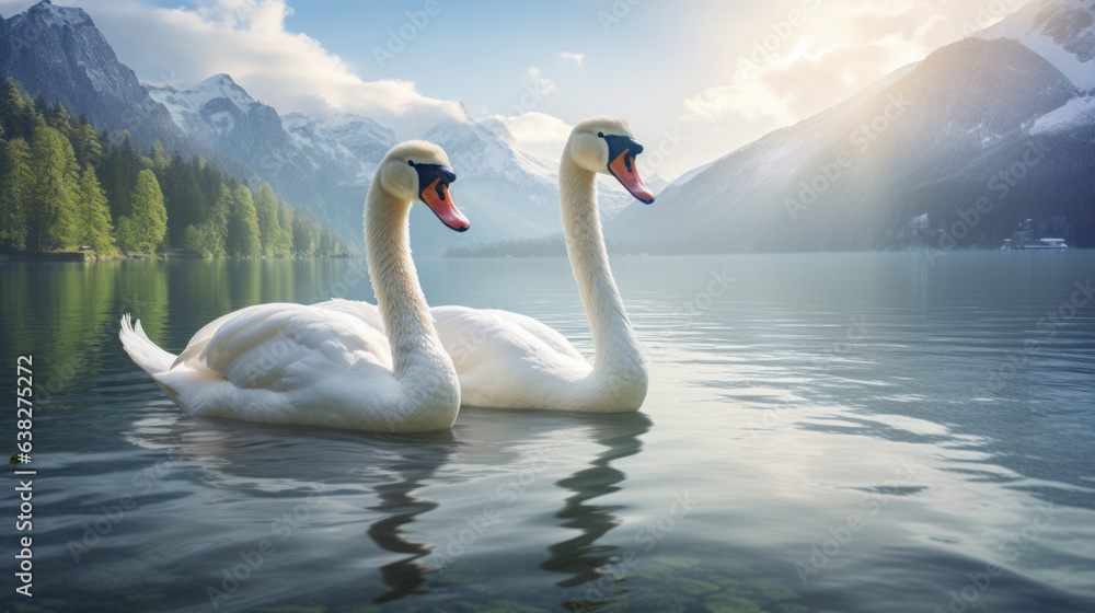 Fototapeta premium Two white swans in the lake mountains background