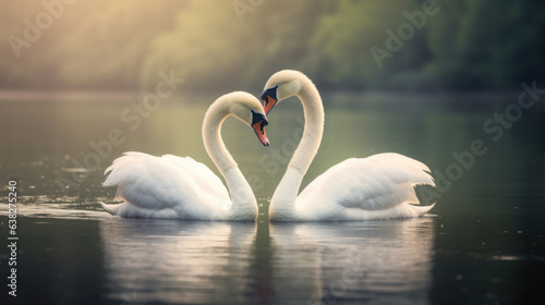 Two white swans   necks forming the shape of a love heart
