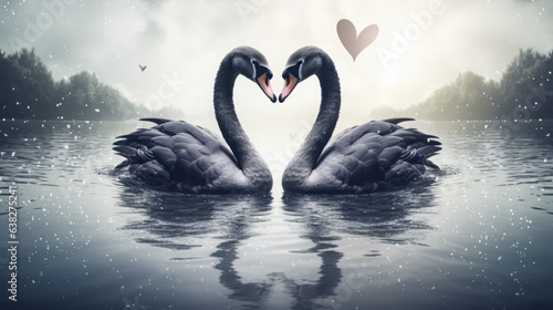 Fototapeta Naklejka Na Ścianę i Meble -  Two black swans moment of love in the lake