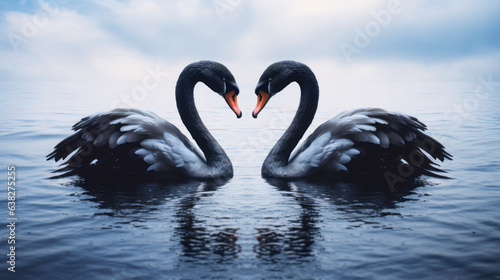 Fototapeta Naklejka Na Ścianę i Meble -  Two black swans moment of love in the lake