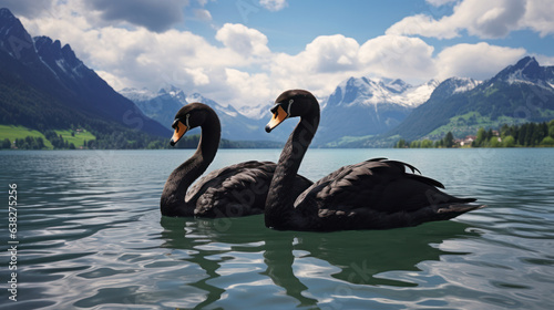 Fototapeta Naklejka Na Ścianę i Meble -  Two black swans in the lake snow mountains background