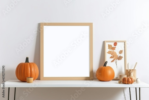 Print frame autumn mockup on table in living room
