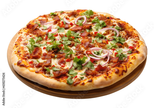 Pizza with bacon on wooden board isolated on transparent background