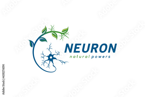 Neuron logo design, abstract natural leaf nerve cell vector illustration