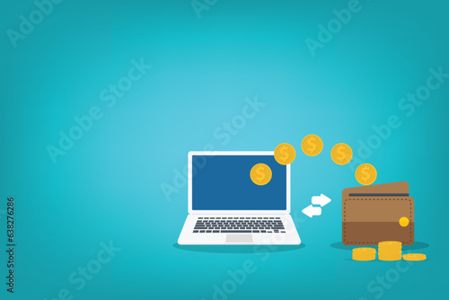 Digital Wallet. Electronic wallet on laptop computer vector, screen with digital money wallet for internet banking, wireless money transfer, internet cash.