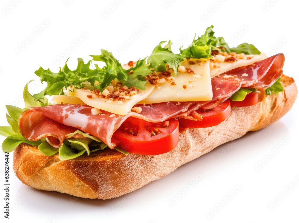Baguette baked with cheese and Parma ham isolated on a white background Baguette baked with cheese and Parma ham isolated on a white background