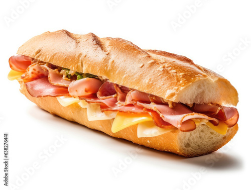 Baguette baked with cheese and Parma ham isolated on a white background