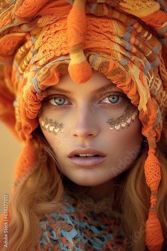 Beautiful tribal tiger warrior woman wearing a vibrant headpiece and bold face paint transforms herself into a captivating doll, embracing her wild and free spirit