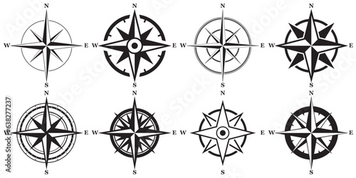 Monochrome navigational compass with cardinal directions of North, East, South, West. nautical chart. Geographical position, cartography and navigation.