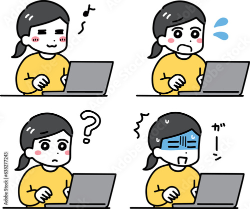 パソコンの前でいろんな表情をする私服の女性
