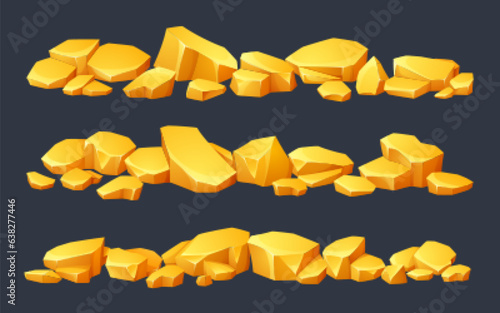Mine gold nugget pile game treasure vector icon. Golden stone cartoon ui illustration set. Goldmine recourse border of pure yellow material collection. Polygon solid metal money straight line frame