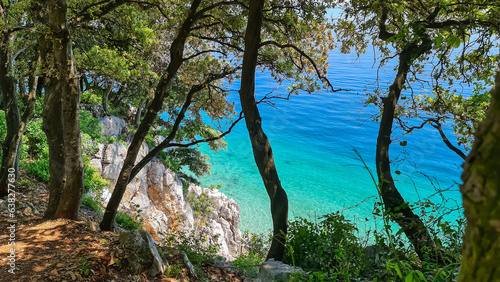 A view on the seashore from a cliff above the beach in Croatia. The sea has turquoise color and is very clean. There are a few trees growing on the steep cliffs. Stony beach. Sunny and warm day.