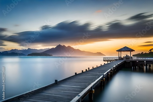 Scenic view of jetty over bay at sunset