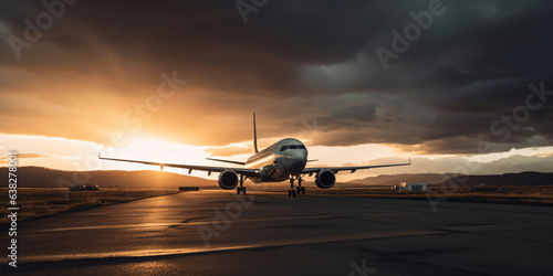 Sunset view of airplane on airport runway under dramatic sky - Generative AI