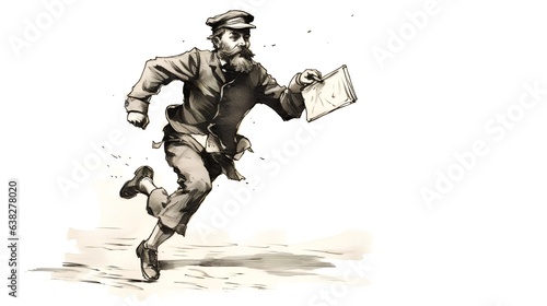 A vintage black and white illustration showcasing a postman clutching a letter in his hand, as he rushes to deliver it. The image captures the urgency and dedication of postal workers. Generative AI
