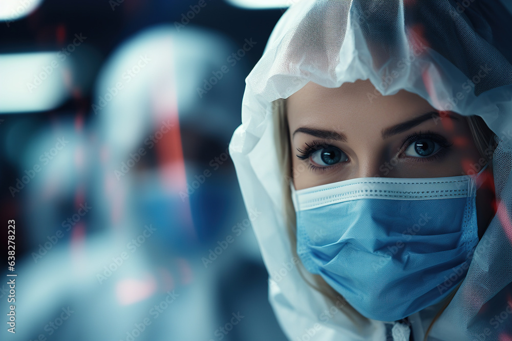 Portrait caucasian woman doctor scientist virologist in chemical protection uniform and masks in laboratory and looking at camera, copy space Portrait caucasian woman doctor scientist virologist in chemical protection uniform and masks in laboratory and looking at camera, copy space