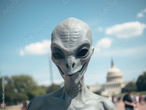 A slim grey Alien with black eyes smiles while taking a selfie in front of the Capitol