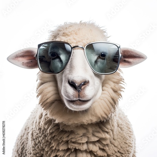 close-up of Sheep with sunglasses on white background