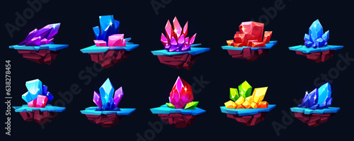 Magic game crystal floating stone island vector. Gemstone and diamond isolated cluster clipart illustration. Mineral ruby, sapphire and amethyst gui element set. Jewelry platform on black background