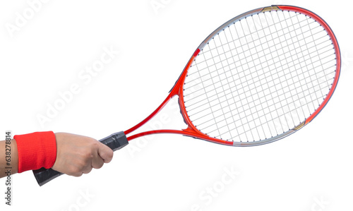 Sport equipment ,Woman Hand holding Red Tennis racket  isolated On White background PNG File. © Juraiwan