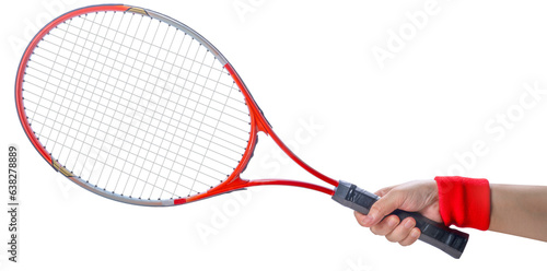 Sport equipment ,Woman Hand holding Red Tennis racket isolated On White background PNG File.