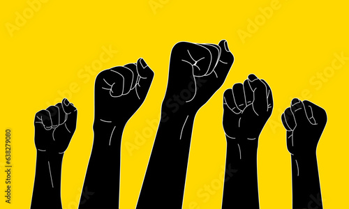 Group of raised fist, protest concept. Outline vector illustration.	
