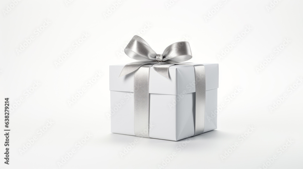 Side view of white gift box decorated with silver ribbon. The white box is isolated on a light background. Space for text Side view of white gift box decorated with silver ribbon. The white box is isolated on a light background. Space for text