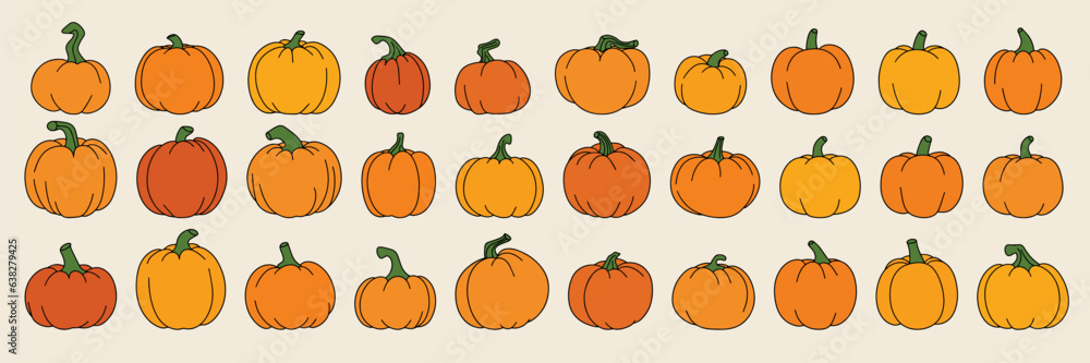 Lange collection of pumpkins colored outline. Hand drawn pumpkins icon set. Decoration for harvest festival. Vector illustration. Lange collection of pumpkins colored outline. Hand drawn pumpkins icon set. Decoration for harvest festival. Vector illustration.