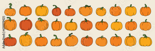 Lange collection of pumpkins colored outline. Hand drawn pumpkins icon set. Decoration for harvest festival. Vector illustration.