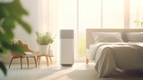 Air purifier in cozy white bedroom for filter and cleaning removing dust PM2.5 HEPA and virus in home,for fresh air and healthy Wellness life. Generative ai