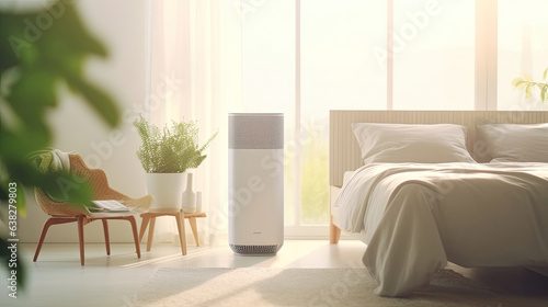 Air purifier in cozy white bedroom for filter and cleaning removing dust PM2.5 HEPA and virus in home,for fresh air and healthy Wellness life. Generative ai