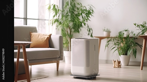 Air purifier in cozy white living room for filter and cleaning removing dust PM2.5 HEPA and virus in home, Air Pollution Concept. Generative ai