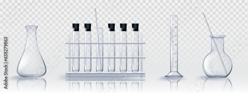 Glass laboratory chemical measuring flasks and test tubes in realistic vector illustration set. Transparent lab empty glassware, containers and pipettes. Scientific pharmaceutical or medical equipment