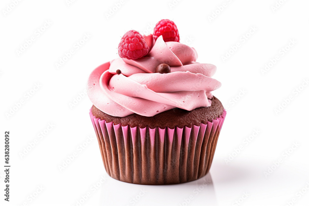 Cupcake with frosting and raspberry fruit on white background Cupcake with frosting and raspberry fruit on white background