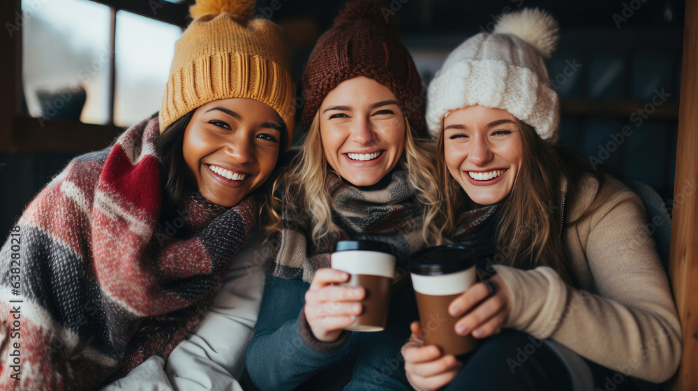 Obraz premium group of friends drinking hot chocolate Generated Ai