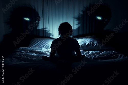 Horror, insomnia, states of mind, nightmares concept. Evil shadow silhouette watching sleeping people. Ghost, devil or scary looking dark figure in sleeping room. Generative AI