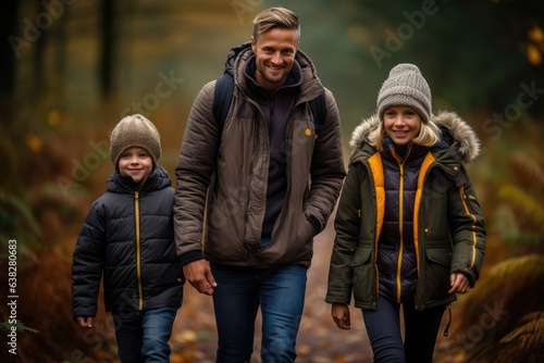 a family walking through an autumn forest (Generative AI)