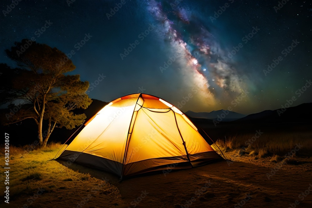 A tent glows under a night sky full of stars