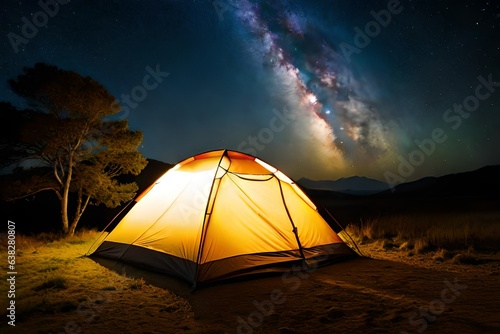 A tent glows under a night sky full of stars
