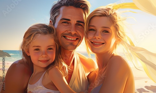 The joyful smiles of a happy family shine in their beach portrait.