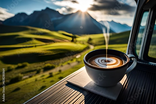 Steaming cup of coffee in a van life campervan living the slow life Fototapeta