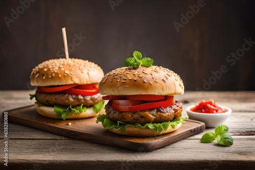 Two delicious homemade burgers of beef, cheese and vegetables on an old wooden table.