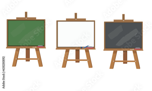 Chalkboard or blackboard with wooden easel stand vector illustration set.  White board, green board. An object used in classroom or restaurant, cafe house. Back to school concept.
