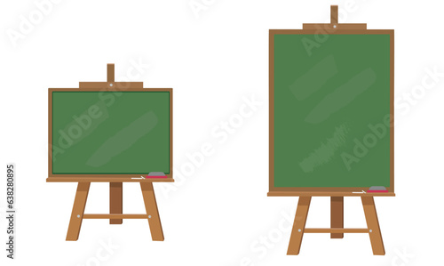 Chalkboard or blackboard with wooden easel stand vector illustration set.  Green board used in classroom or restaurant, cafe house. Back to school concept.