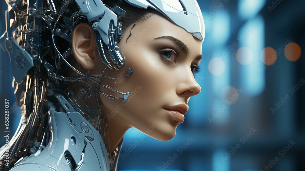 Connection of human woman and artificial intelligence robot. The concept of merging a person and a computer with neural networks in the future. AI generated Connection of human woman and artificial intelligence robot. The concept of merging a person and a computer with neural networks in the future. AI generated