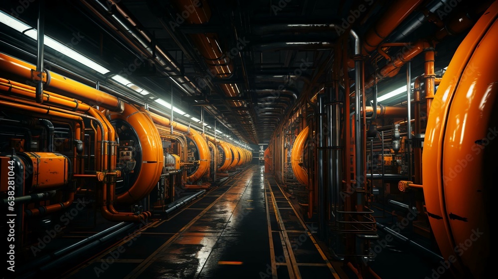 Fototapeta premium Modern chemical industrial equipment, shell-and-tube heat exchangers for cooling liquids in an oil refinery, petrochemical plant. AI generated