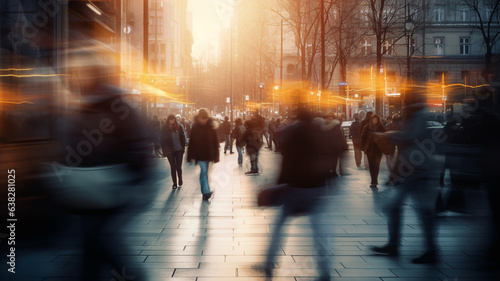 people walking on street. Moving crowd motion blurred background.