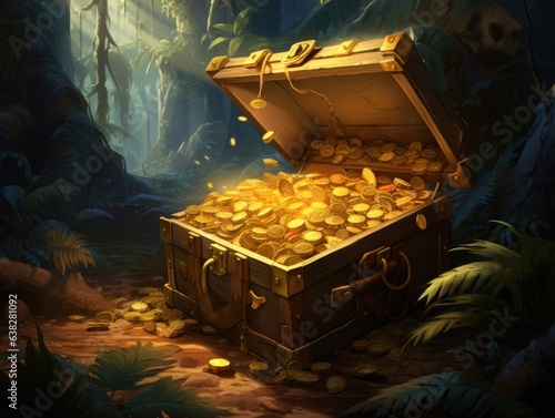 An open Treasure Chest filled with a lot of gold coins in ancient ruins in the jungle