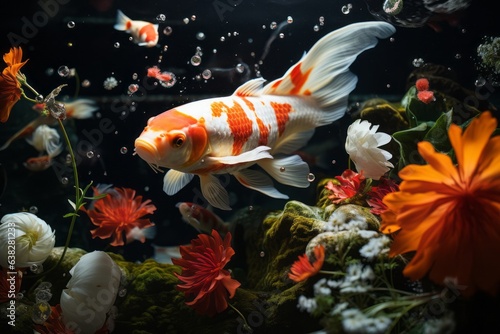 Vibrant Orange and White Koi Fish Swimming Gracefully in a Pond, Generative AI